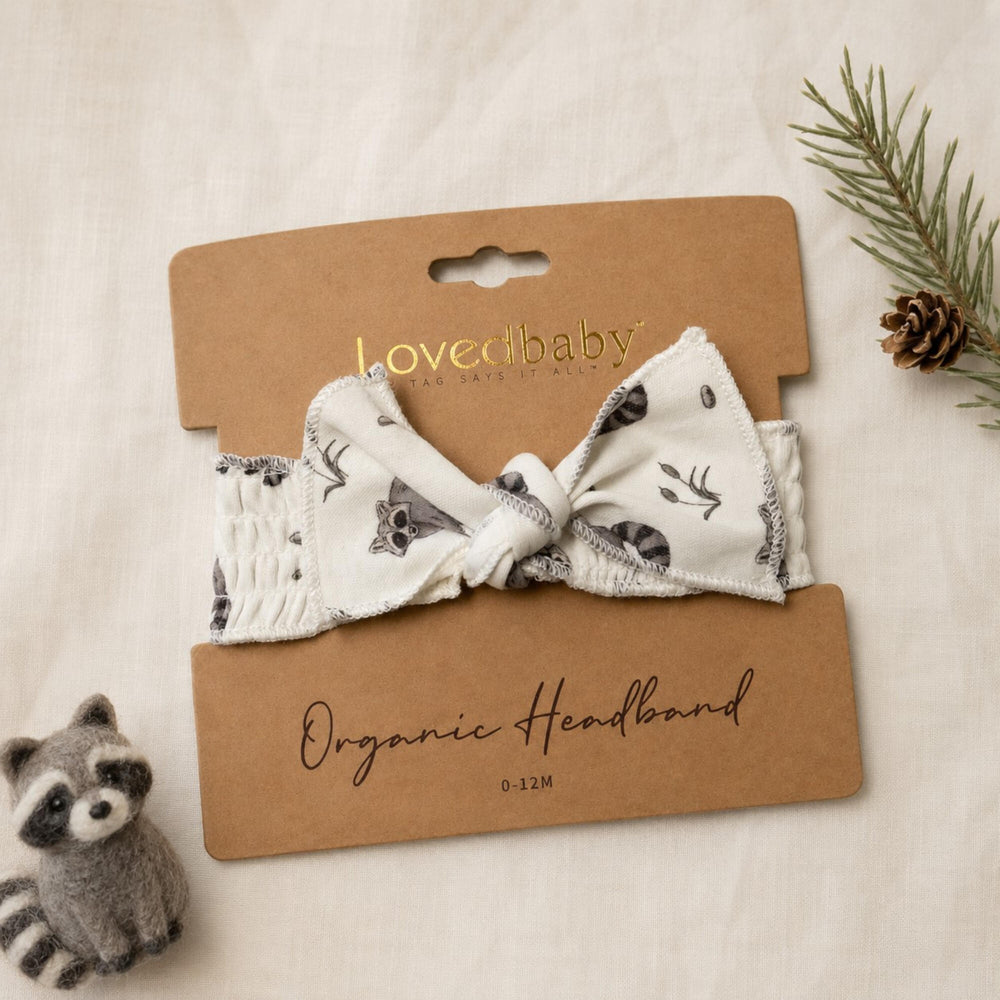 Child wearing Organic Smocked Tie Headband in Raccoon.