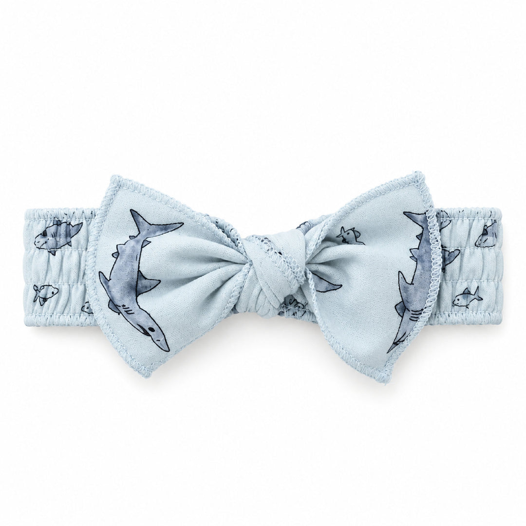 Organic Smocked Tie Headband in Sharks.