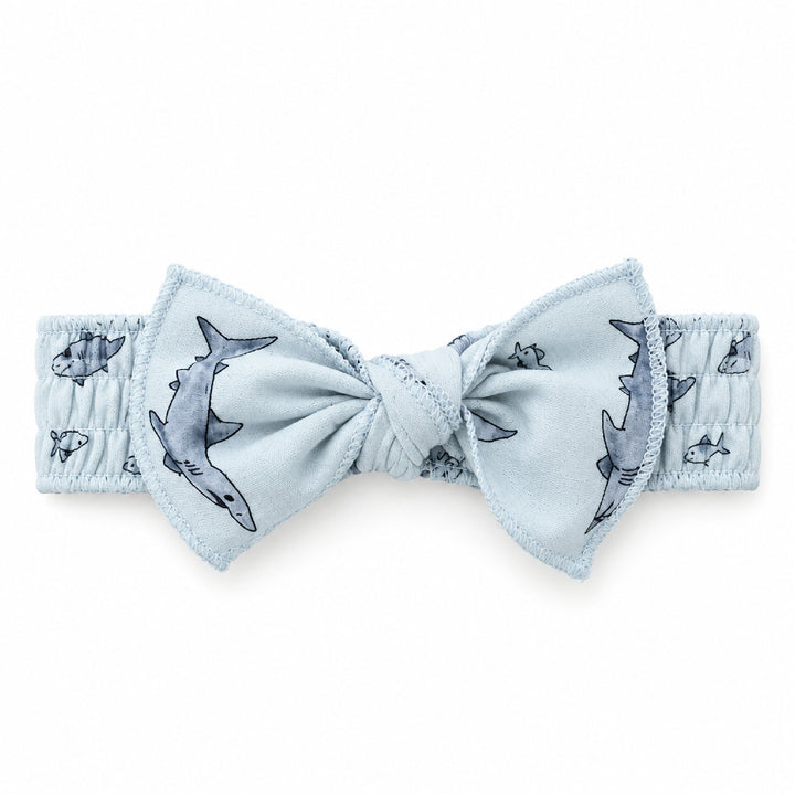 Organic Smocked Tie Headband in Sharks.