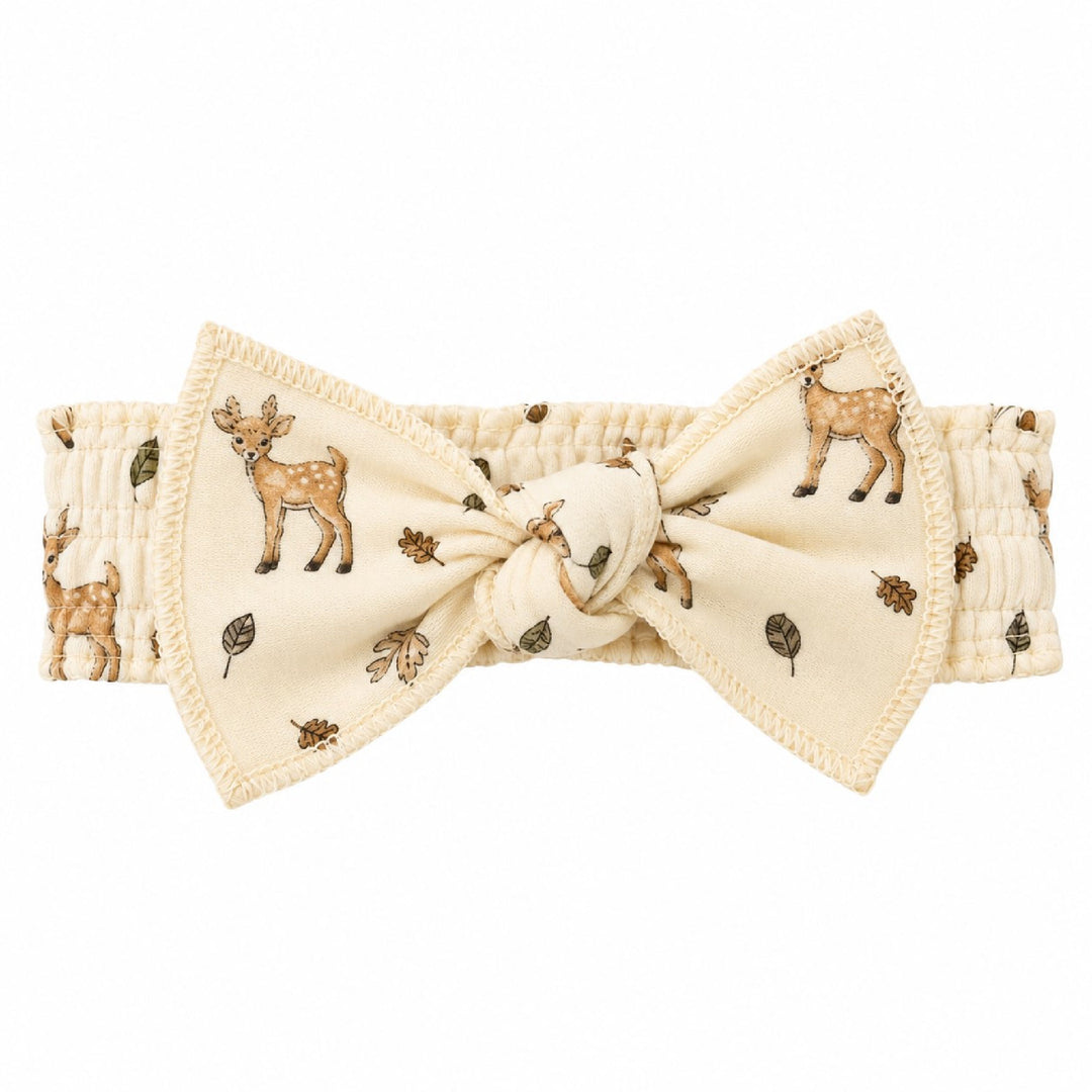 Organic Smocked Tie Headband in White Tail Deer.