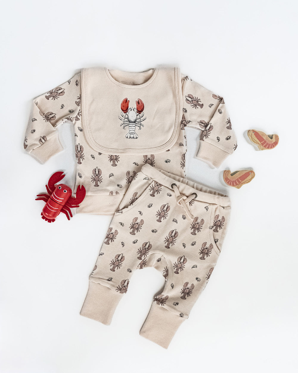 Child wearing Organic Reversible Bib in Lobster.