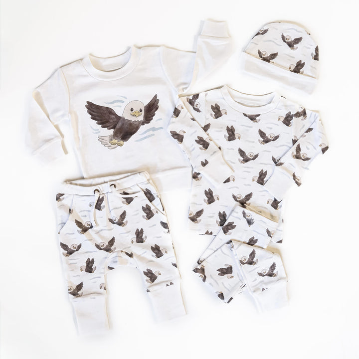 Child wearing Organic Sweatshirt & Jogger Set in Bald Eagle.