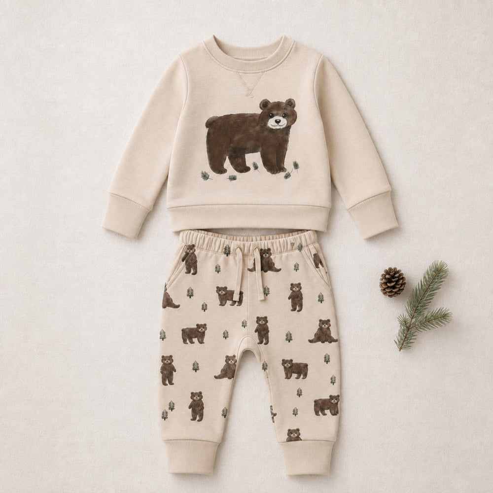 Child wearing Organic Sweatshirt & Jogger Set in Black Bear.