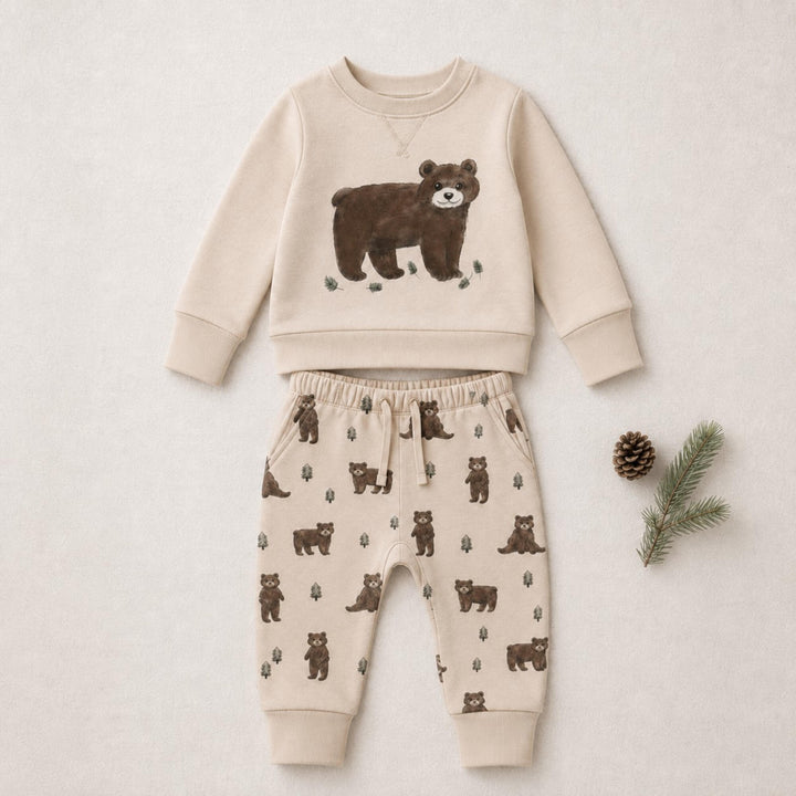 Child wearing Organic Sweatshirt & Jogger Set in Black Bear.