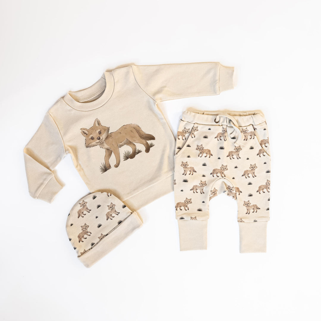 Child wearing Organic Sweatshirt & Jogger Set in Coyote.