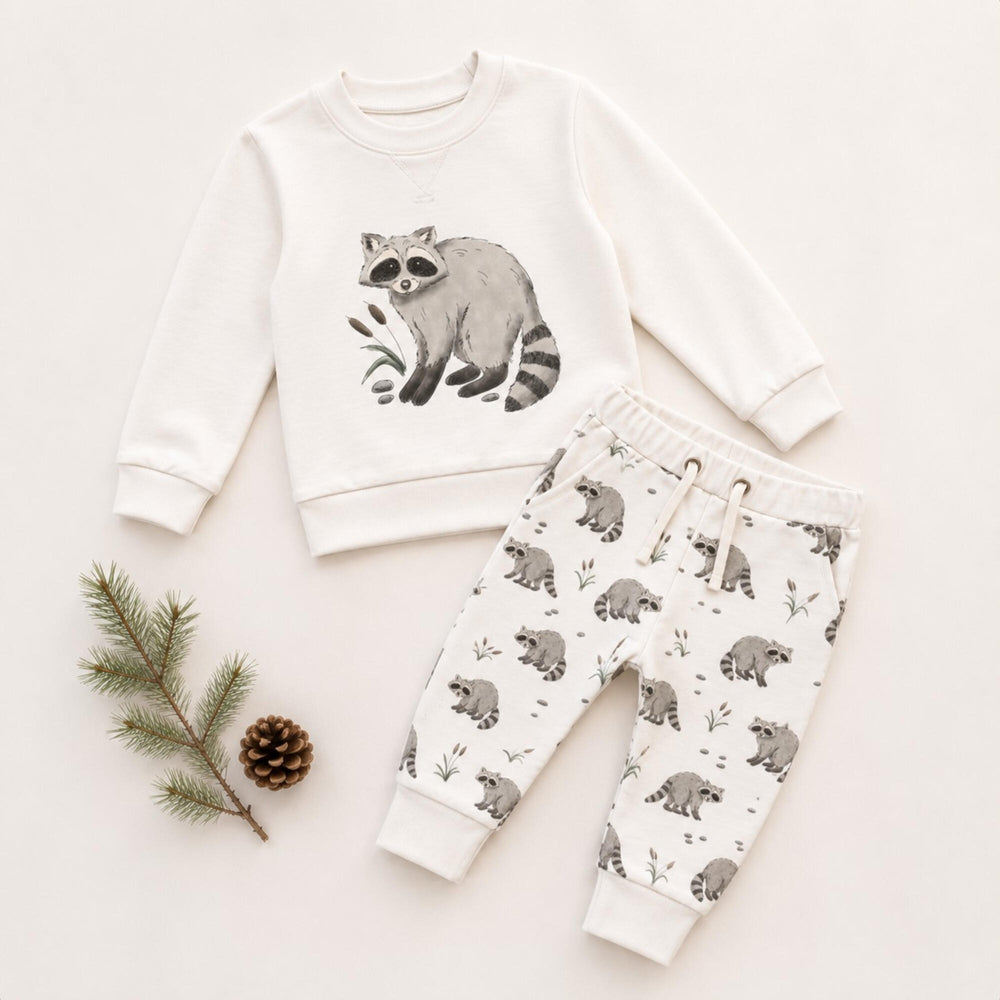Child wearing Organic Sweatshirt & Jogger Set in Raccoon.