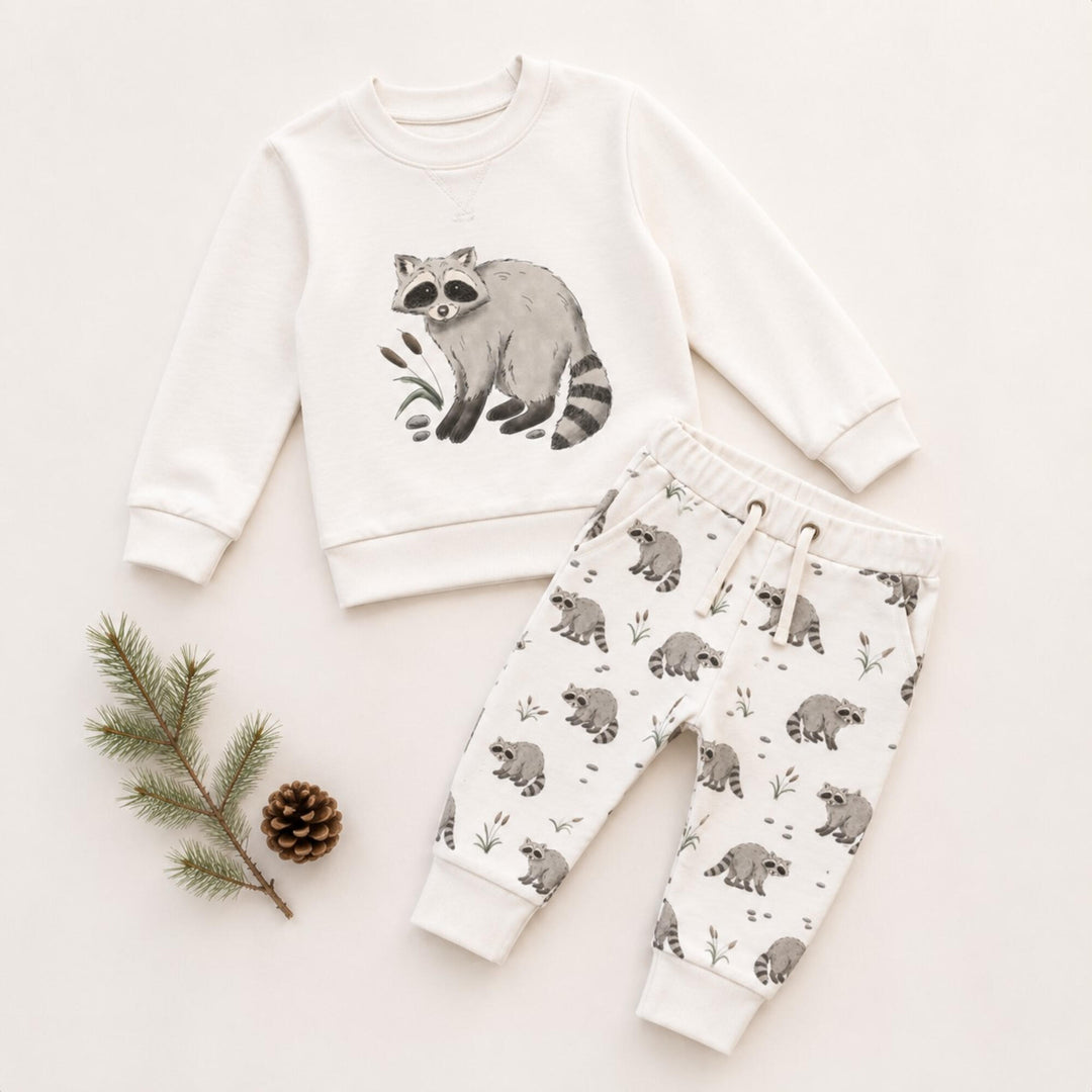 Child wearing Organic Sweatshirt & Jogger Set in Raccoon.
