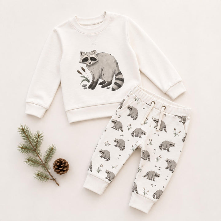 Child wearing Organic Sweatshirt & Jogger Set in Raccoon.