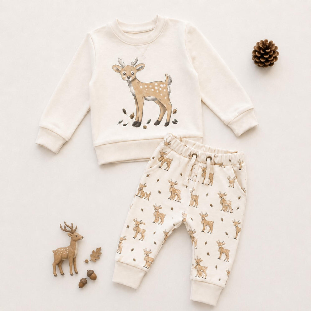 Child wearing Organic Sweatshirt & Jogger Set in White Tail Deer.