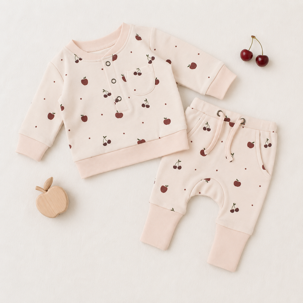 Organic Henley Sweatshirt & Jogger Set in Cherry Apple