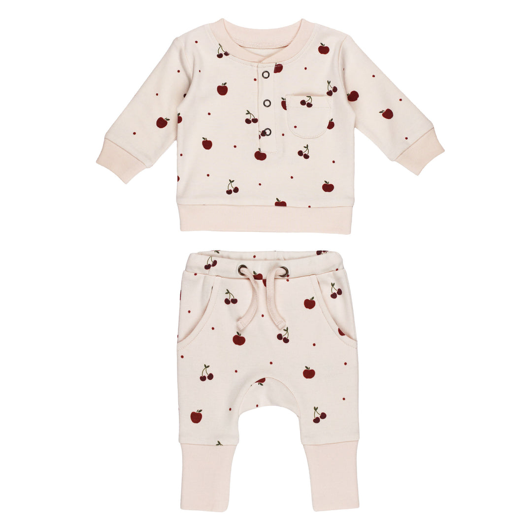 Organic Henley Sweatshirt & Jogger Set in Cherry Apple.