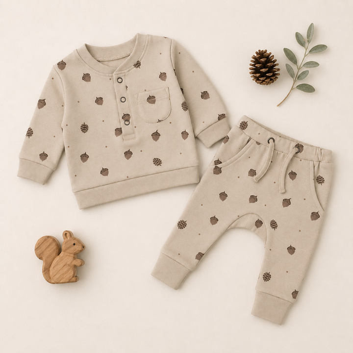 Organic Henley Sweatshirt & Jogger Set in Little Acorn