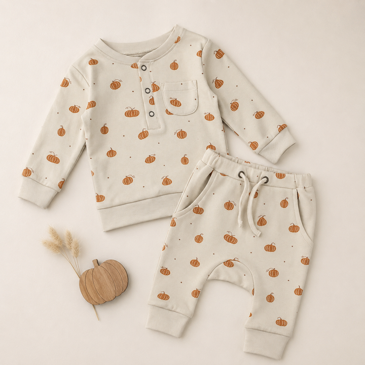 Organic Henley Sweatshirt & Jogger Set in Pumpkin Spice.