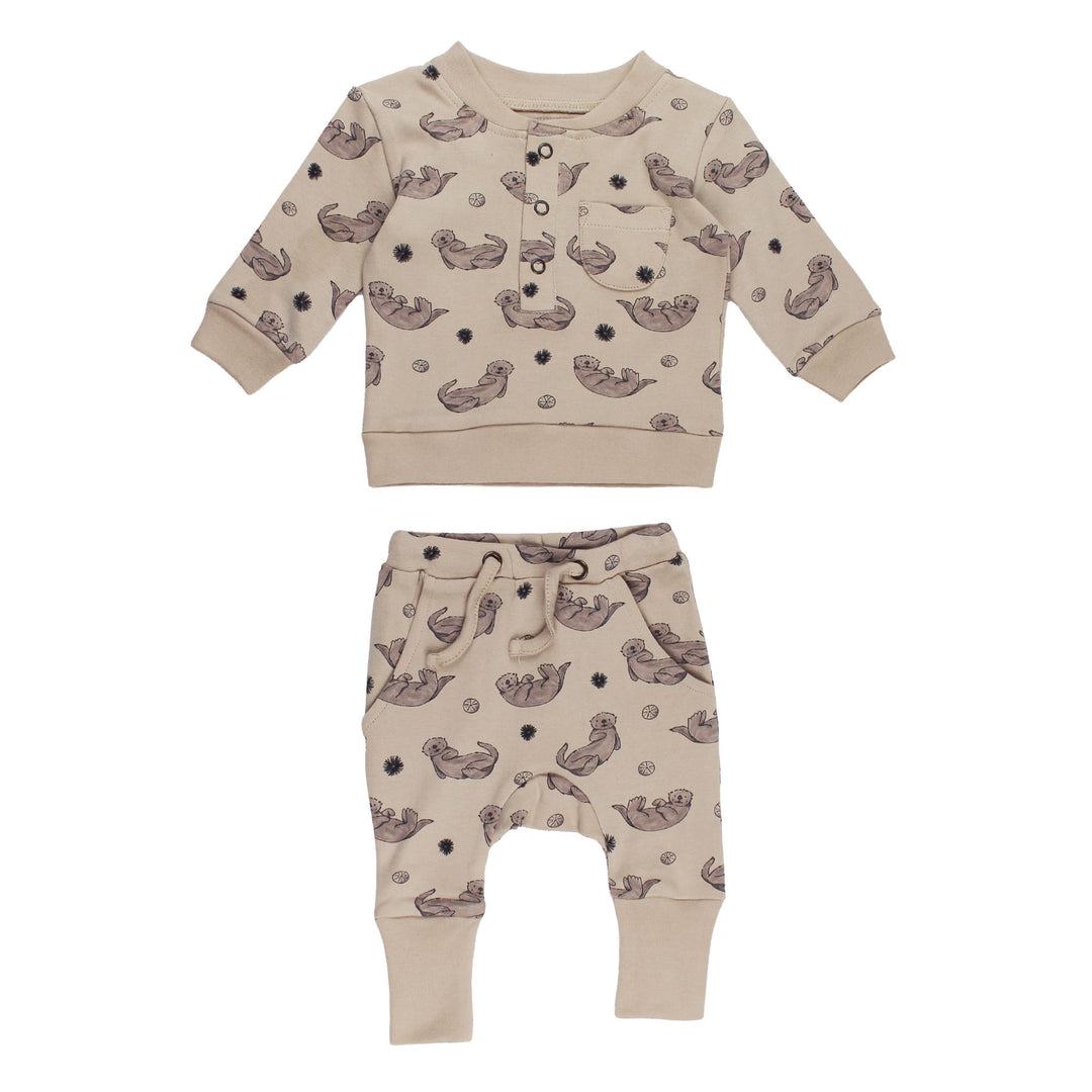 Organic Henley Sweatshirt & Jogger Set in Sea Otter.