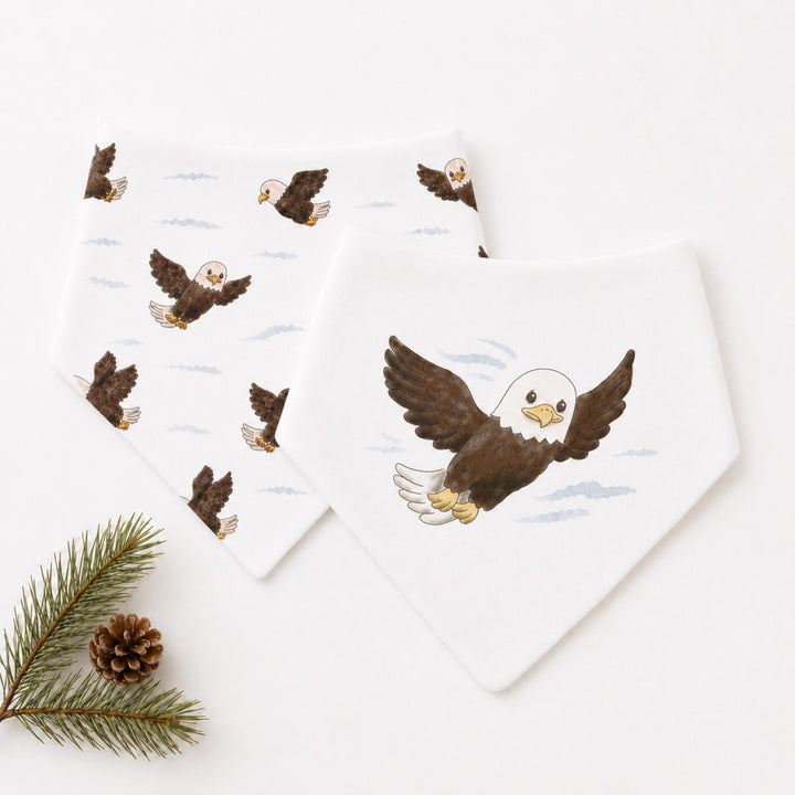 Child wearing Organic Bandana Bib, 2-Pack in Bald Eagle.