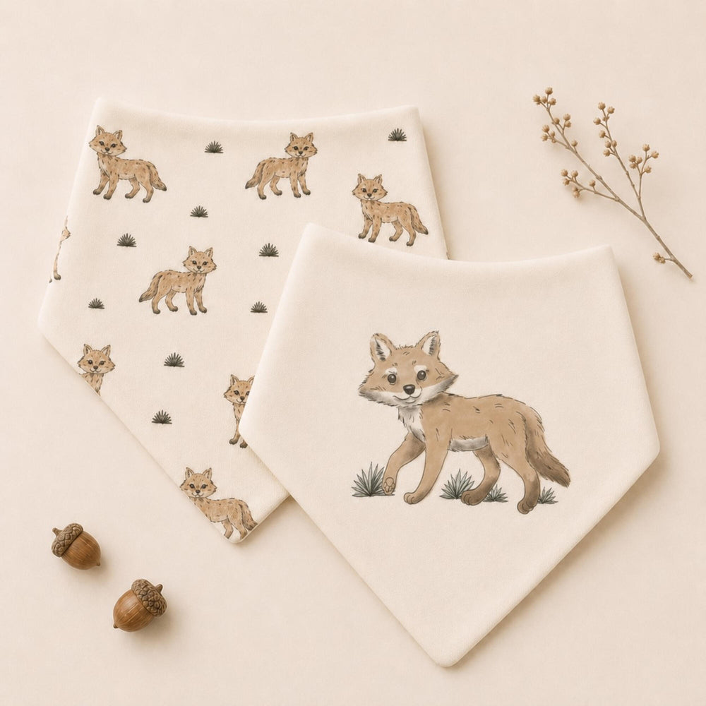 Child wearing Organic Bandana Bib, 2-Pack in Coyote.