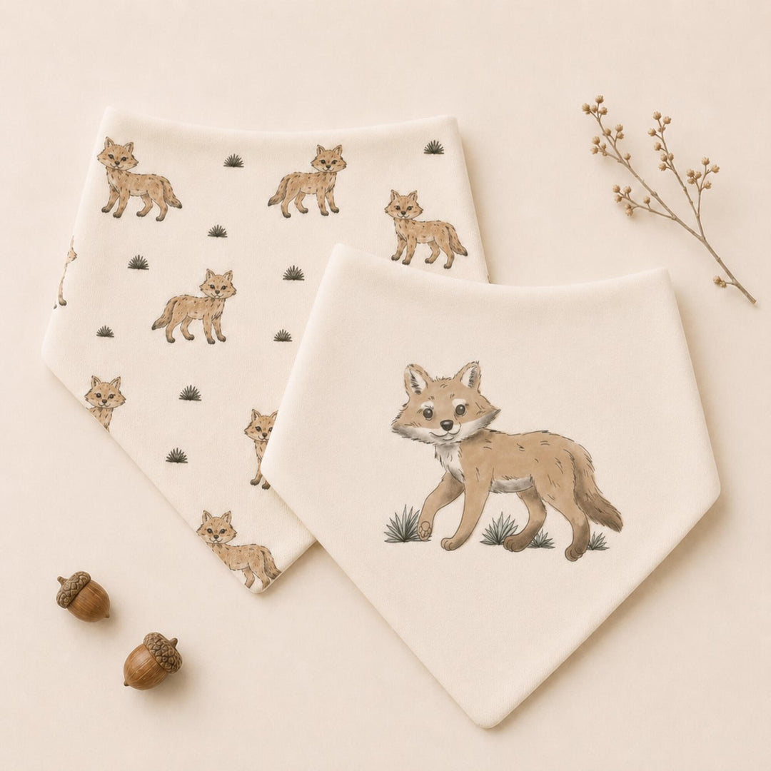 Child wearing Organic Bandana Bib, 2-Pack in Coyote.