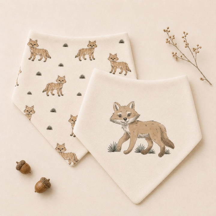 Child wearing Organic Bandana Bib, 2-Pack in Coyote.