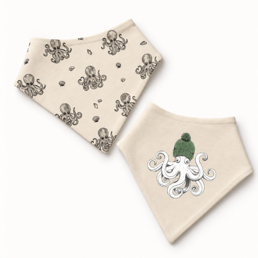 Organic Bandana Bib, 2-Pack in Octopus.