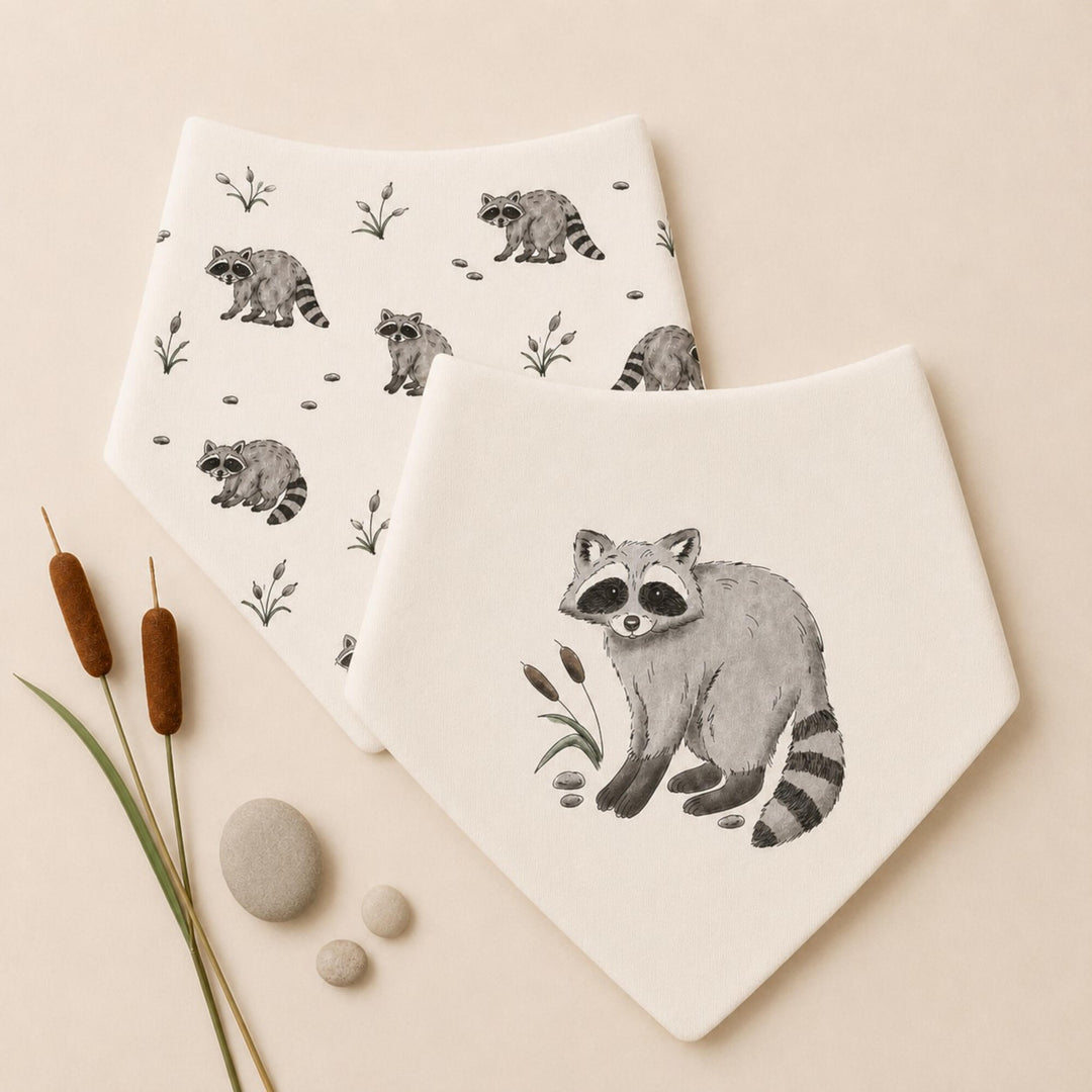 Child wearing Organic Bandana Bib, 2-Pack in Raccoon.