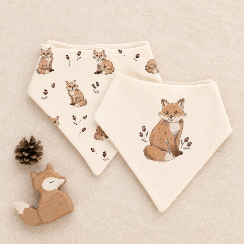 Child wearing Organic Bandana Bib, 2-Pack in Red Fox.