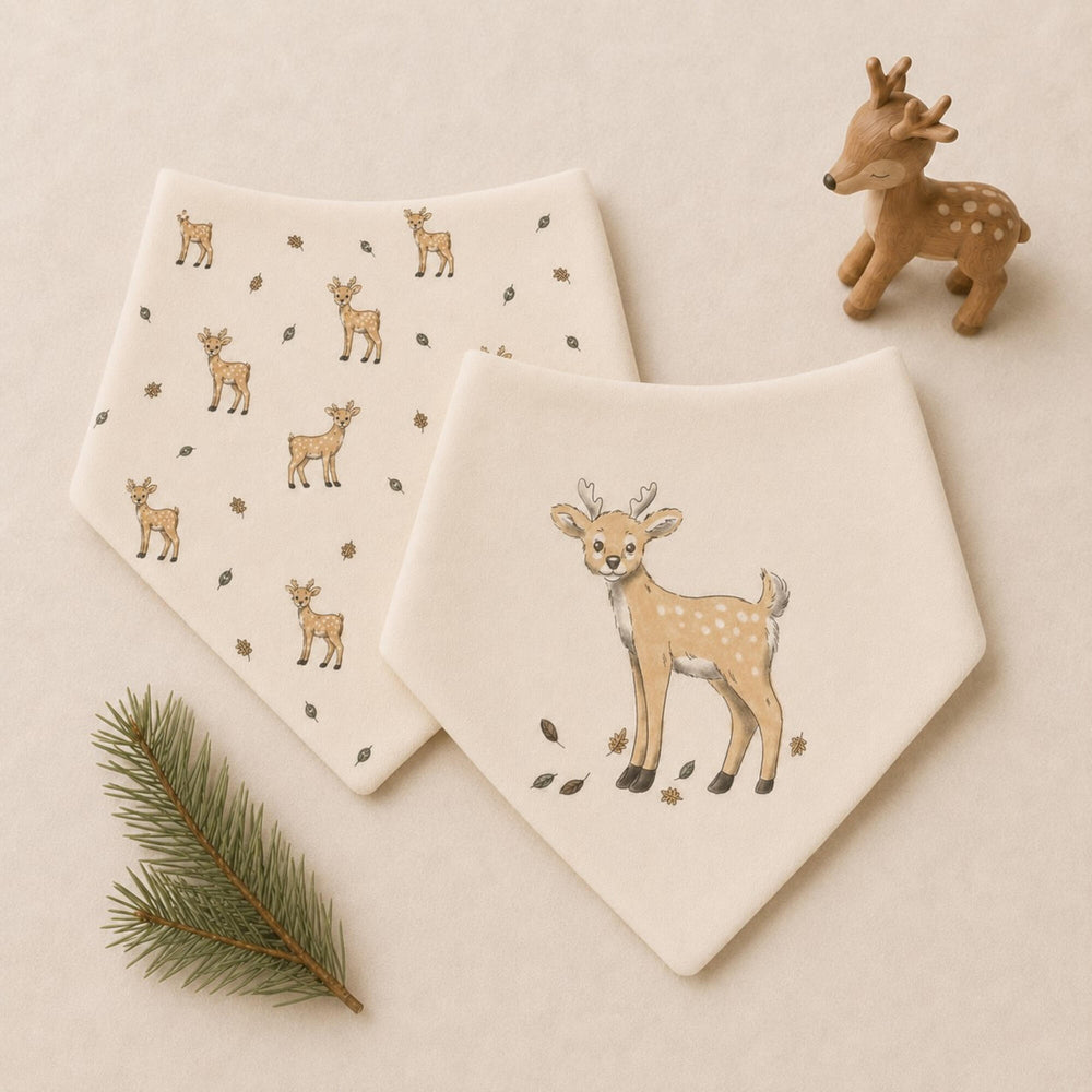 Child wearing Organic Bandana Bib, 2-Pack in White Tail Deer.
