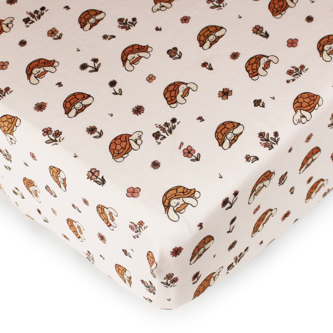 Organic Crib Sheets in Tiny Tortoise.