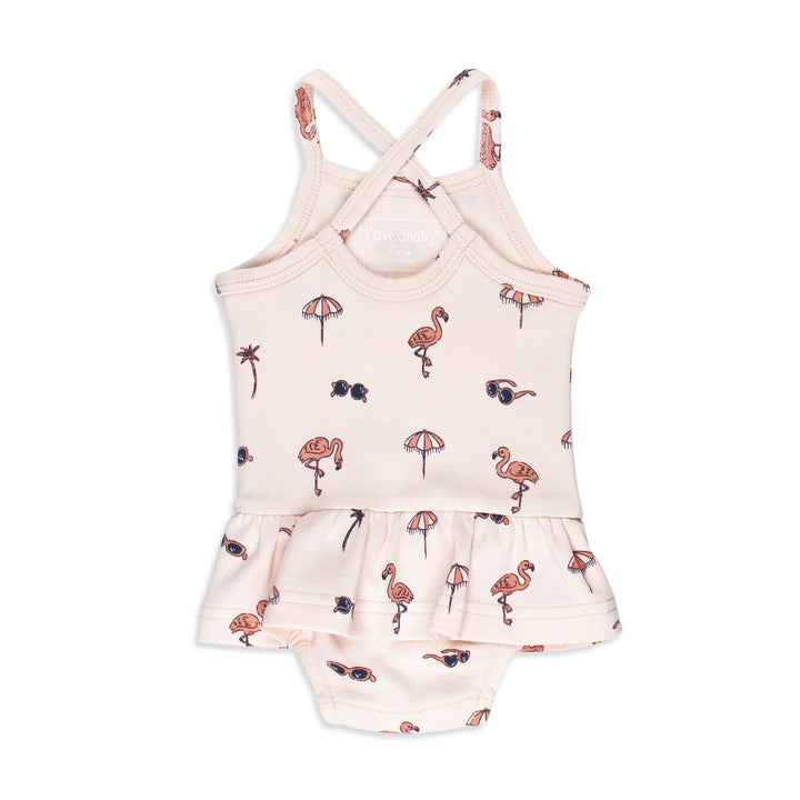 Back view of Skirted X-Back Bodysuit in Flamingo.