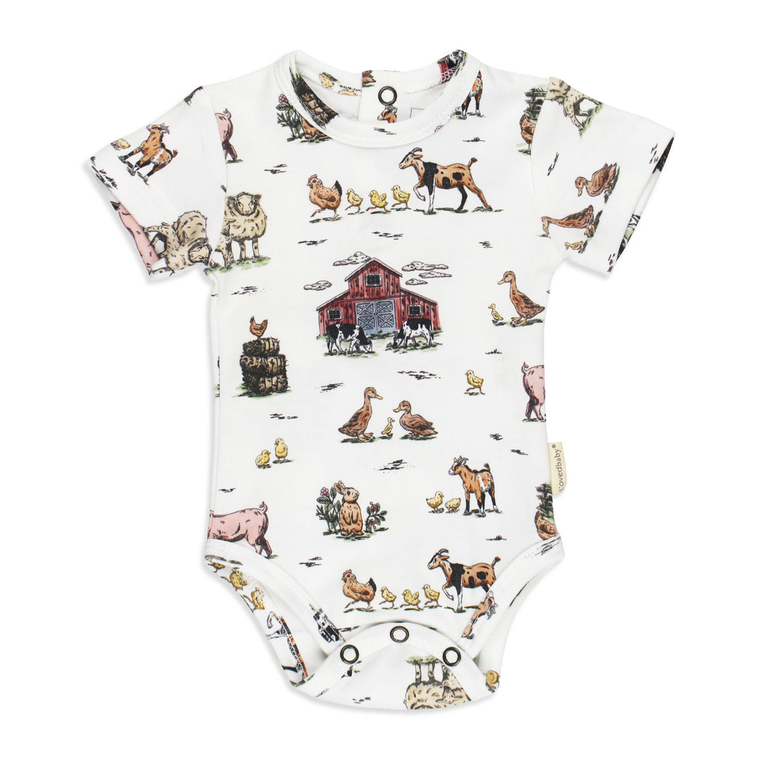 Organic Short-Sleeve Bodysuit in Farm Friends.