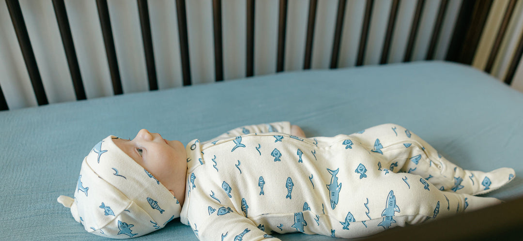 Child wearing Organic Knotted Hat in Shark.