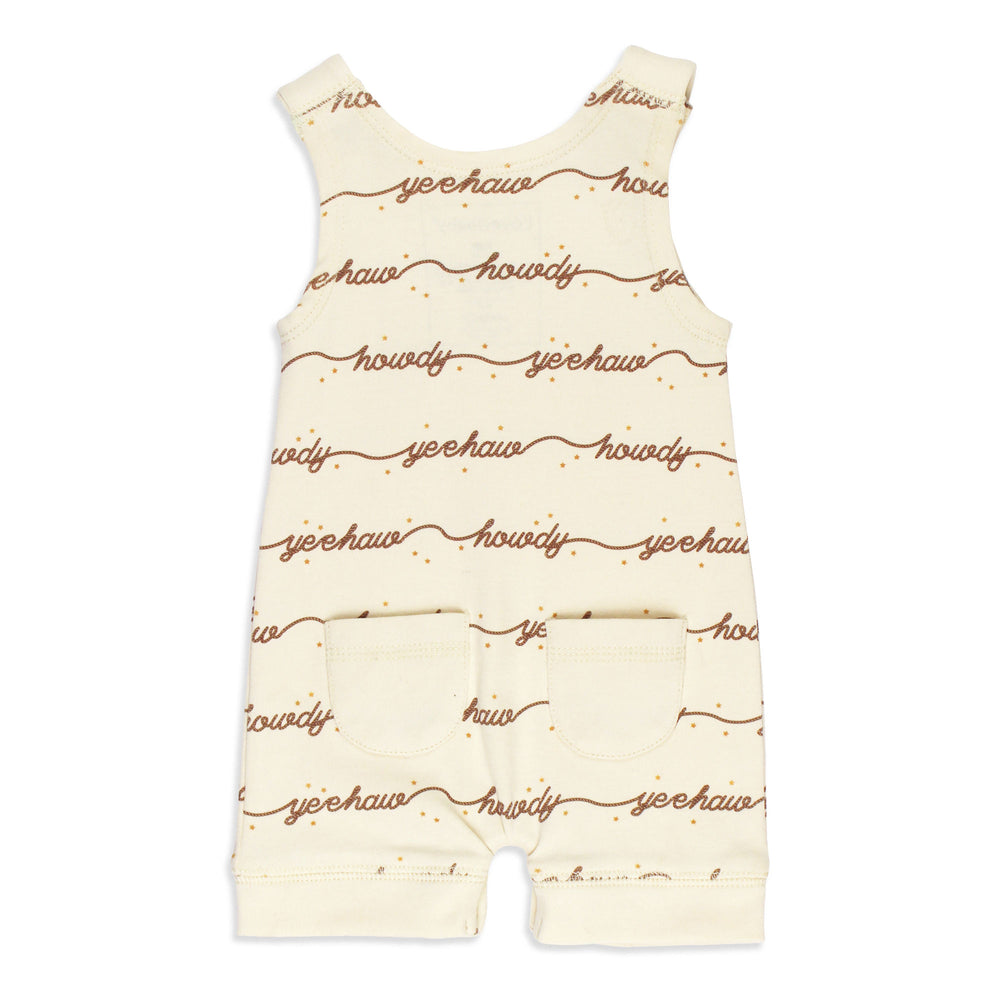 Back view of Organic Sleeveless Romper in Howdy.