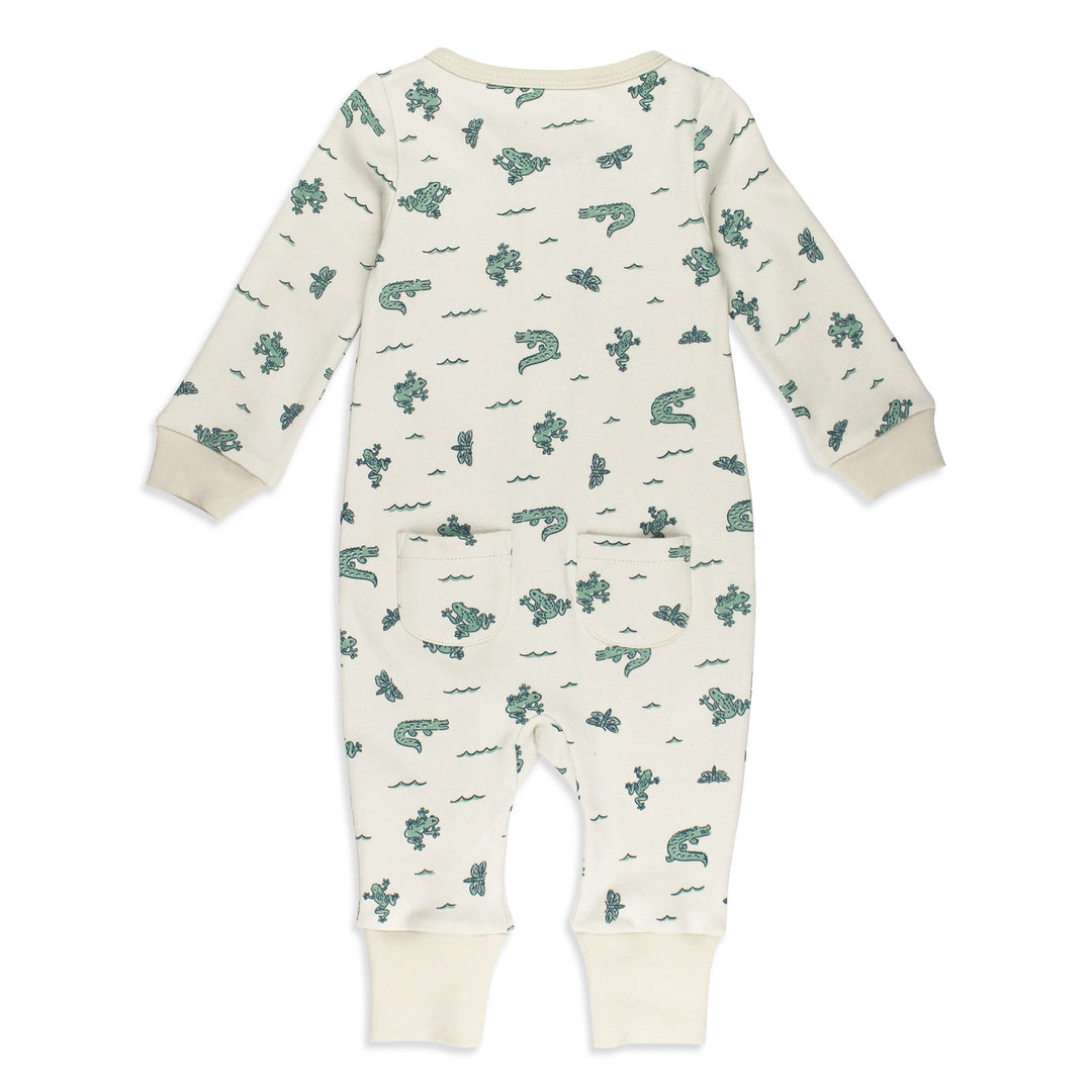 Back view of Organic Footless 2-Way Zipper Romper in Alligator.