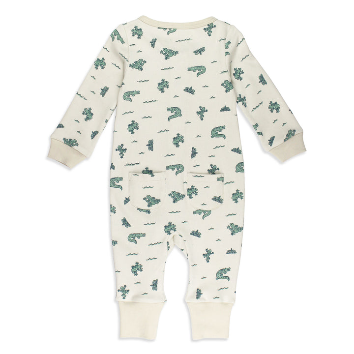 Back view of Organic Footless 2-Way Zipper Romper in Alligator.