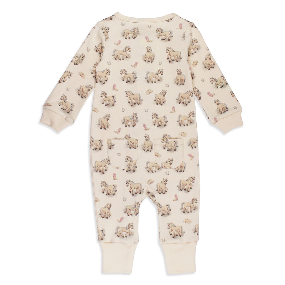 Back view of Organic Footless 2-Way Zipper Romper in Blush Boots.