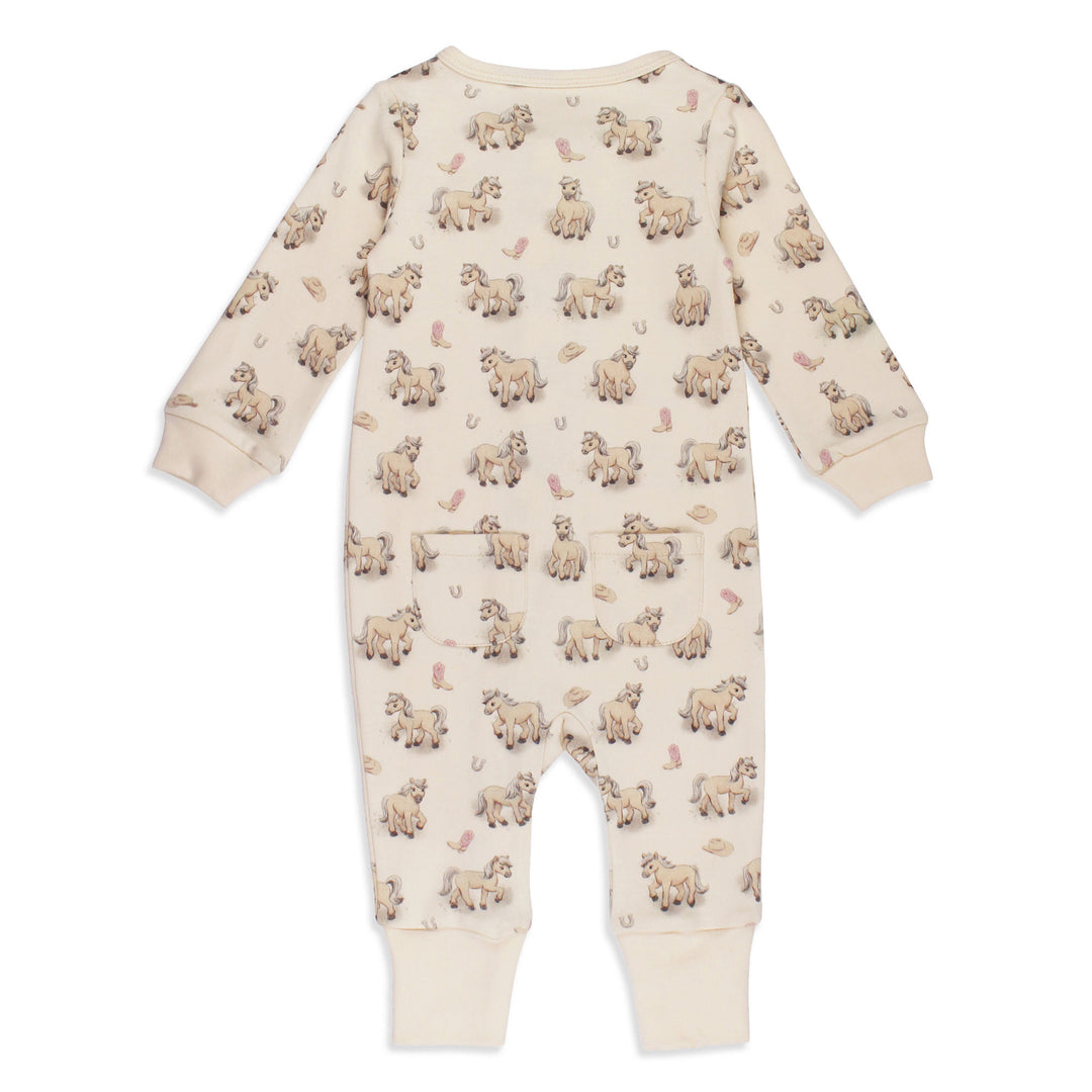 Back view of Organic Footless 2-Way Zipper Romper in Blush Boots.