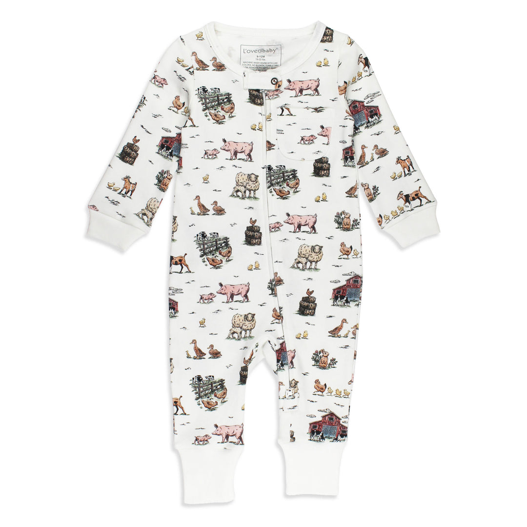 Organic Footless 2-Way Zipper Romper in Farm Friends.