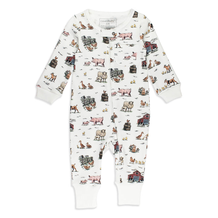 Organic Footless 2-Way Zipper Romper in Farm Friends.