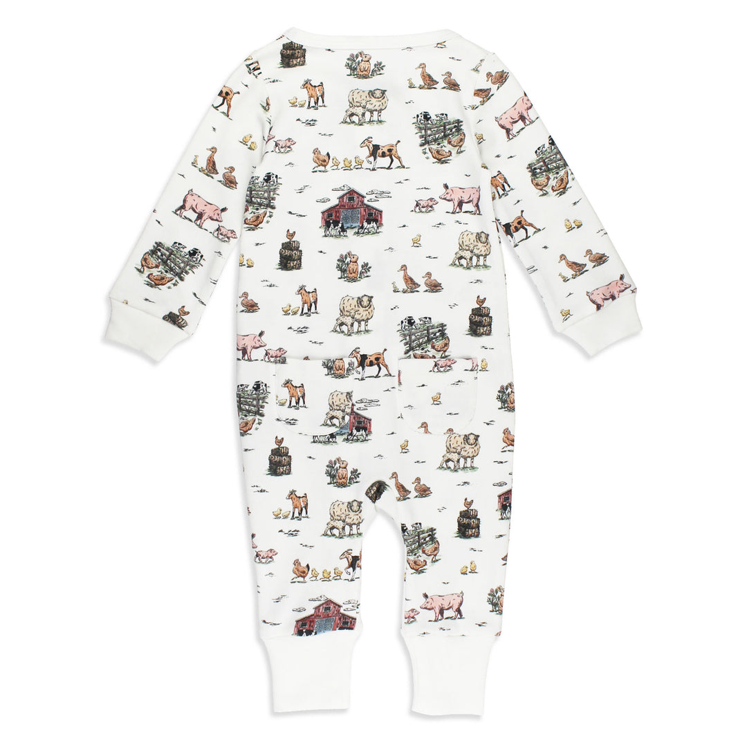 Back view of Organic Footless 2-Way Zipper Romper in Farm Friends.