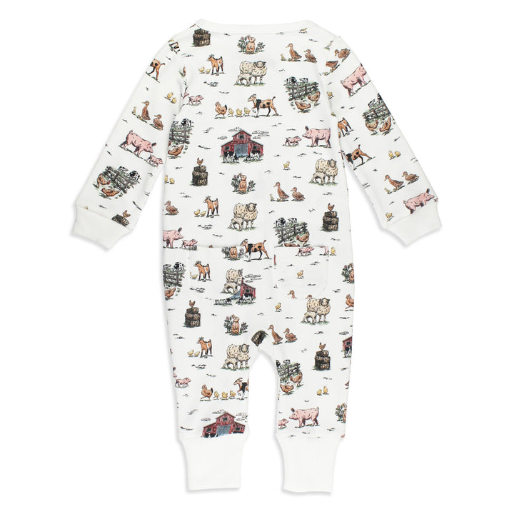 Back view of Organic Footless 2-Way Zipper Romper in Farm Friends.