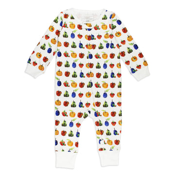 flat image of frontside of footless 2-way zipper romper in fruit print