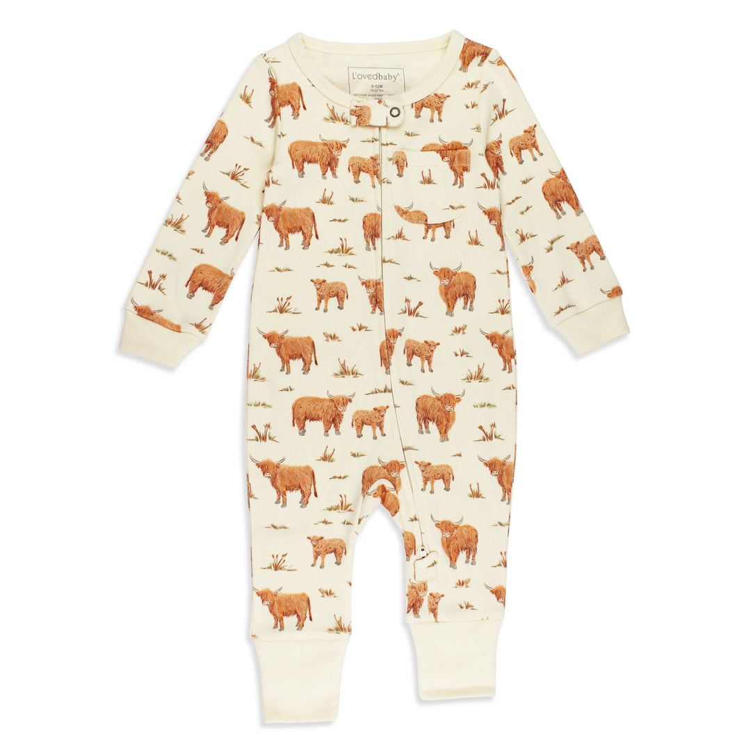 Organic Footless 2-Way Zipper Romper in Highland Cow.