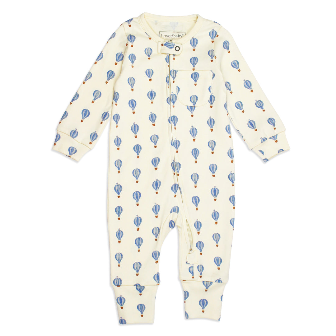 flat image of organic footless zipper romper in blue hot air balloon print (front side)