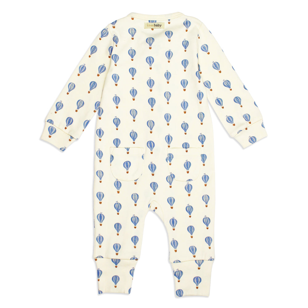 flat image of organic footless zipper romper in blue hot air balloon print (back side)