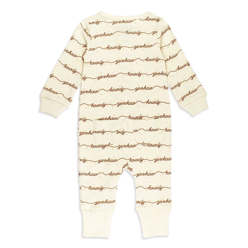 Back view of Organic Footless 2-Way Zipper Romper in Howdy.