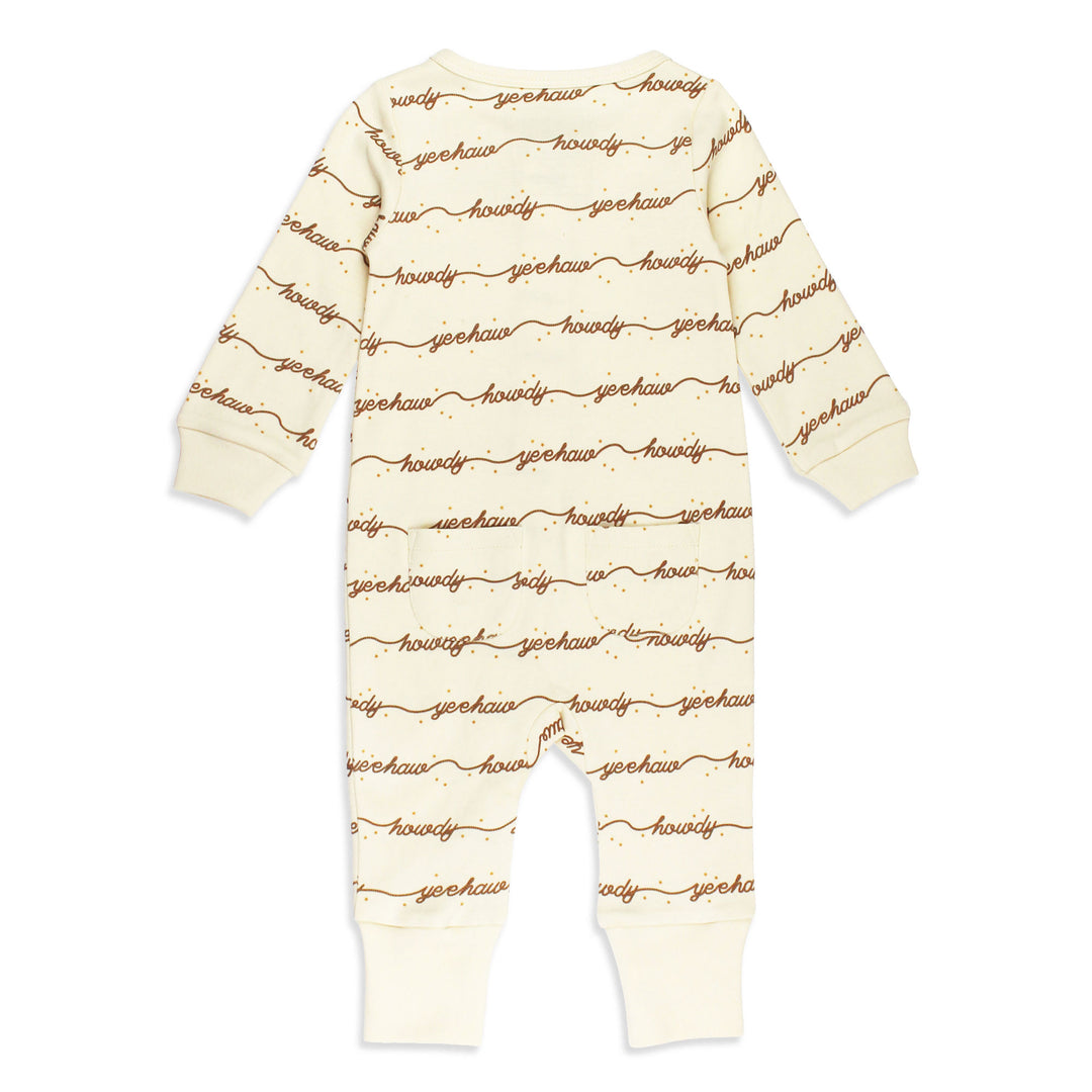 Back view of Organic Footless 2-Way Zipper Romper in Howdy.