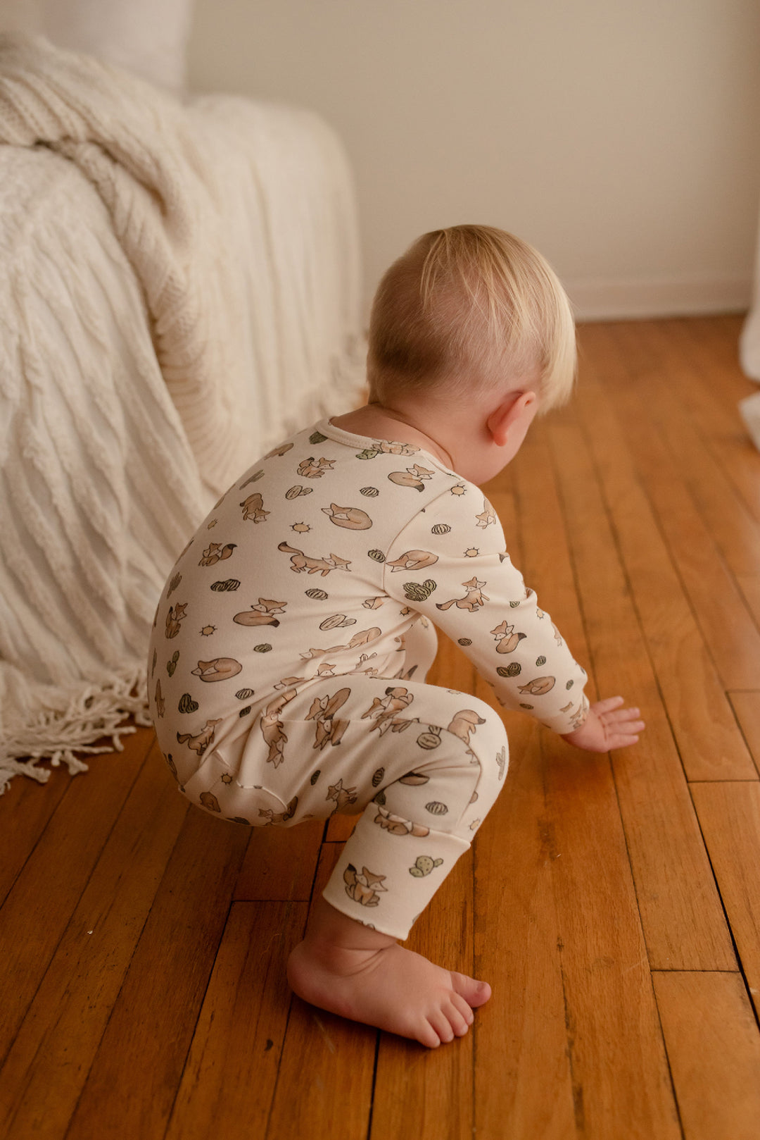 Child wearing Organic Footless 2-Way Zipper Romper in Little Fox.