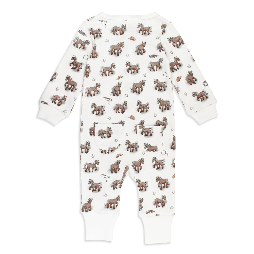 Back view of Organic Footless 2-Way Zipper Romper in Little Lasso.