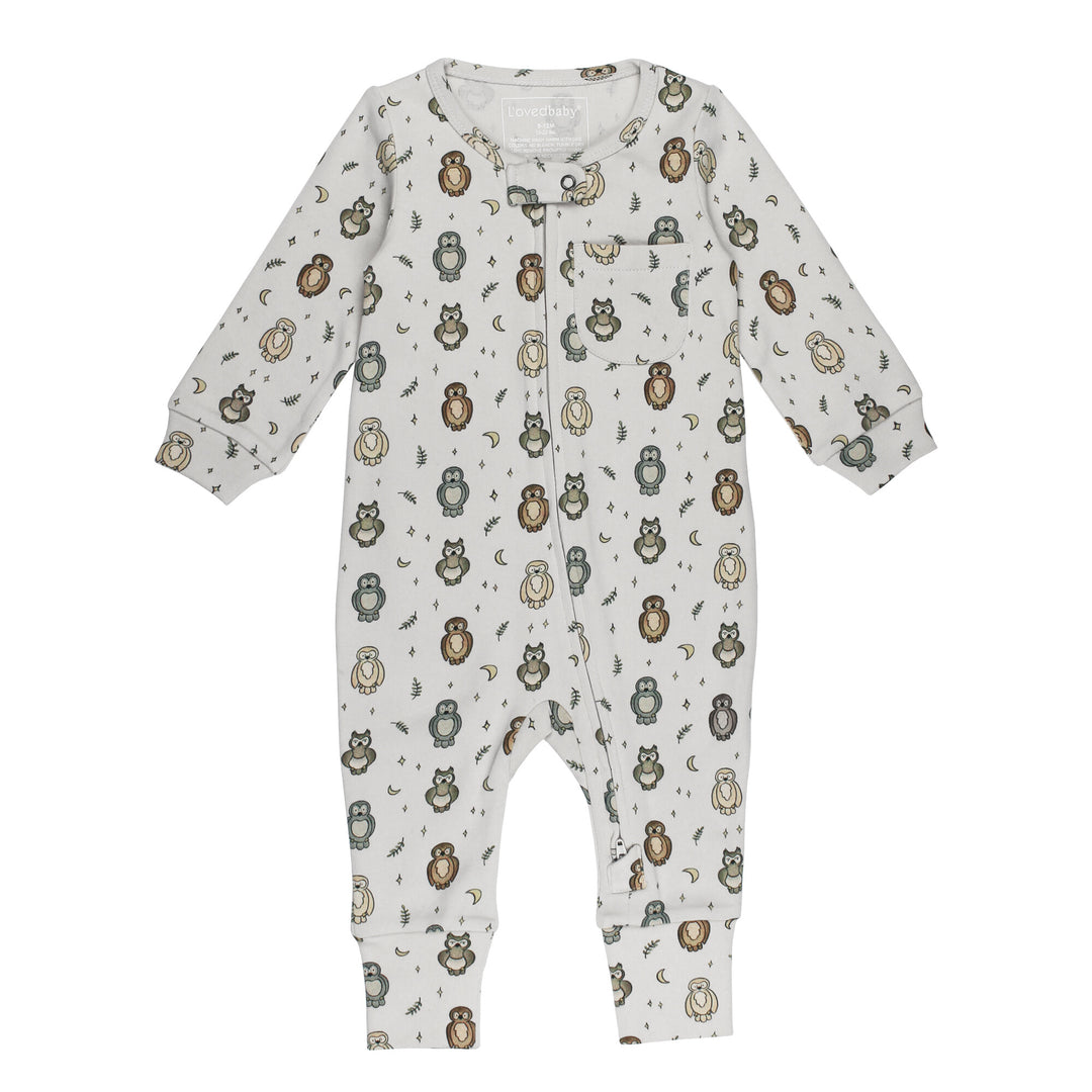 Organic Footless 2-Way Zipper Romper in Owl Hoo?.