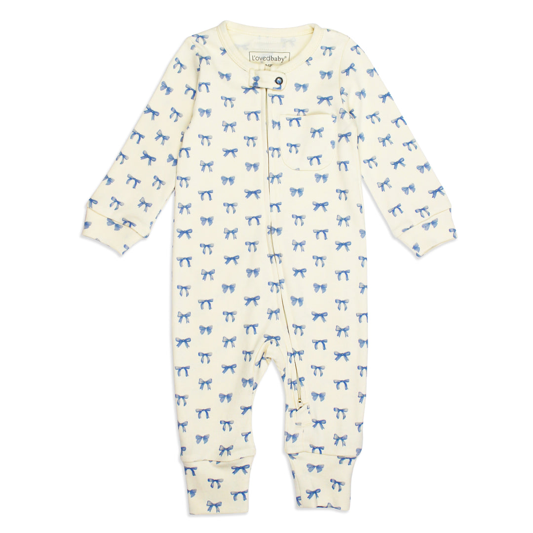 flat image of organic footless romper in blue ribbon print (front side)