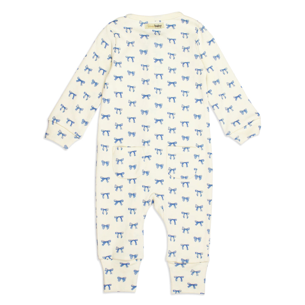 flat image of organic footless romper in blue ribbon print (back side)
